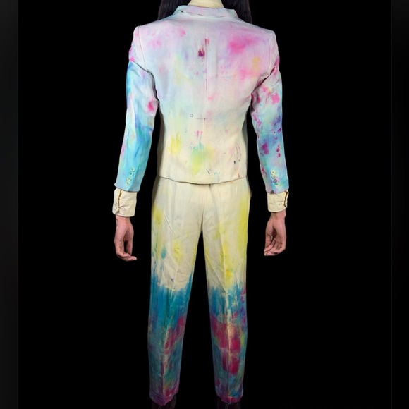 Party Dyed Suit Vintage Painted Blazer Rainbow Boho Jacket Funky Y2K Pants Chic - Picture 4 of 16